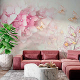 Elegant Pink Hydrangea and Butterfly Wall Mural - Floral and Jewel Accent Design