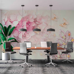 Custom Elegant Pink Hydrangea and Butterfly Wall Mural - Floral and Jewel Accent Design