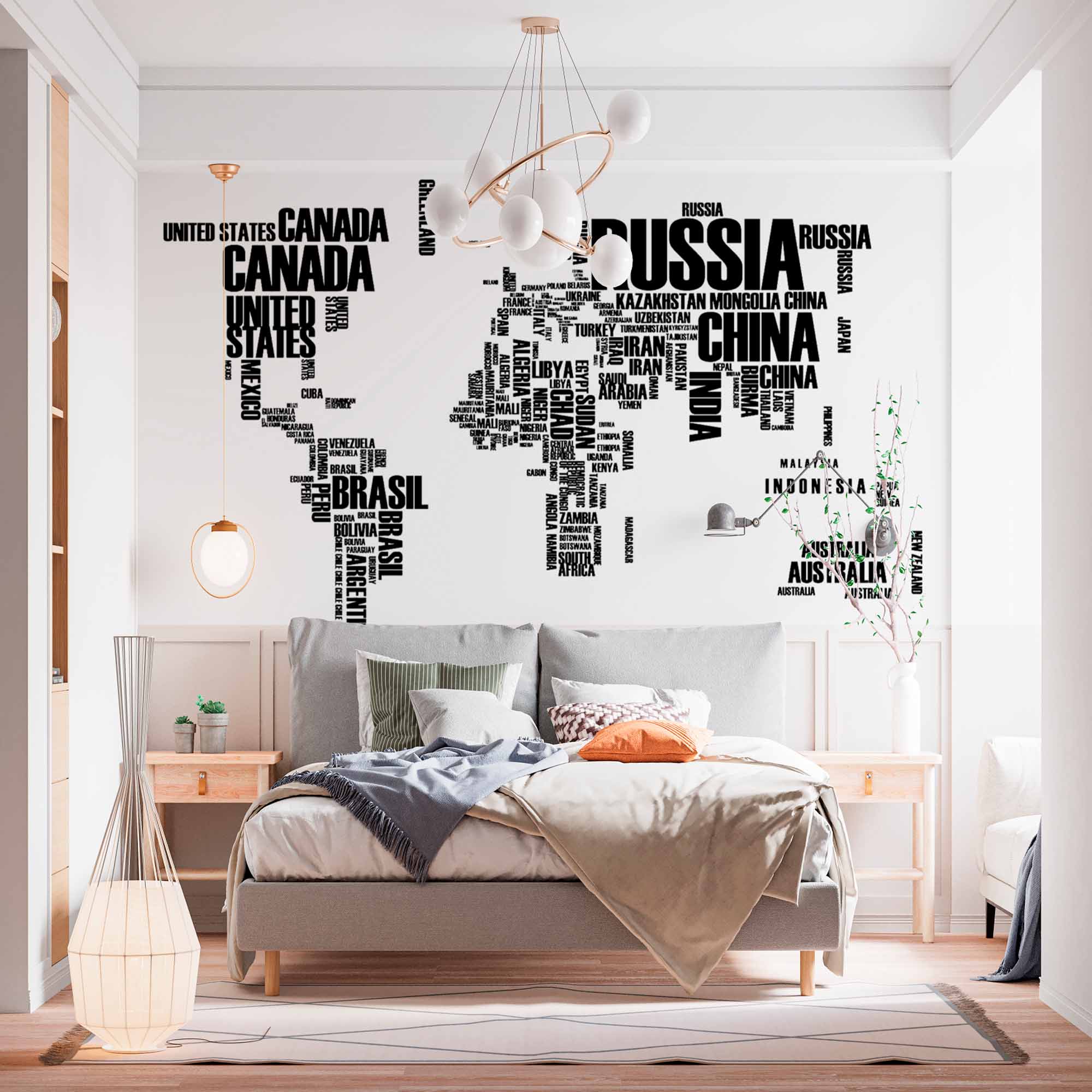 World Map with Country Names in Black Text on White Background