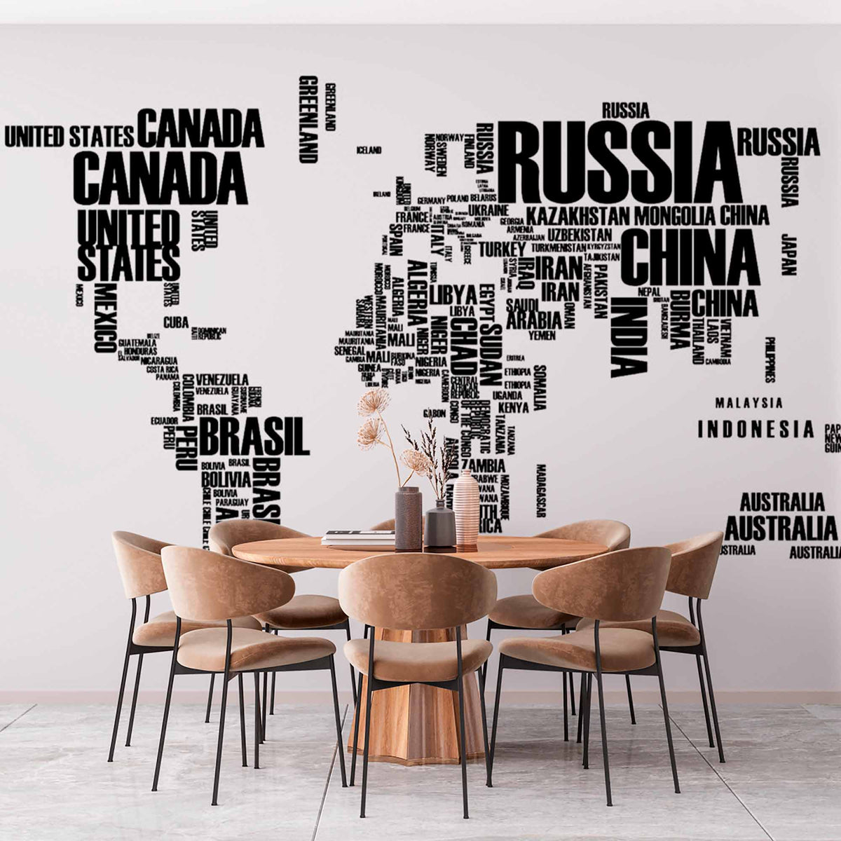 Custom World Map with Country Names in Black Text on White Background