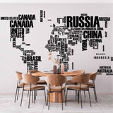 World Map with Country Names in Black Text on White Background