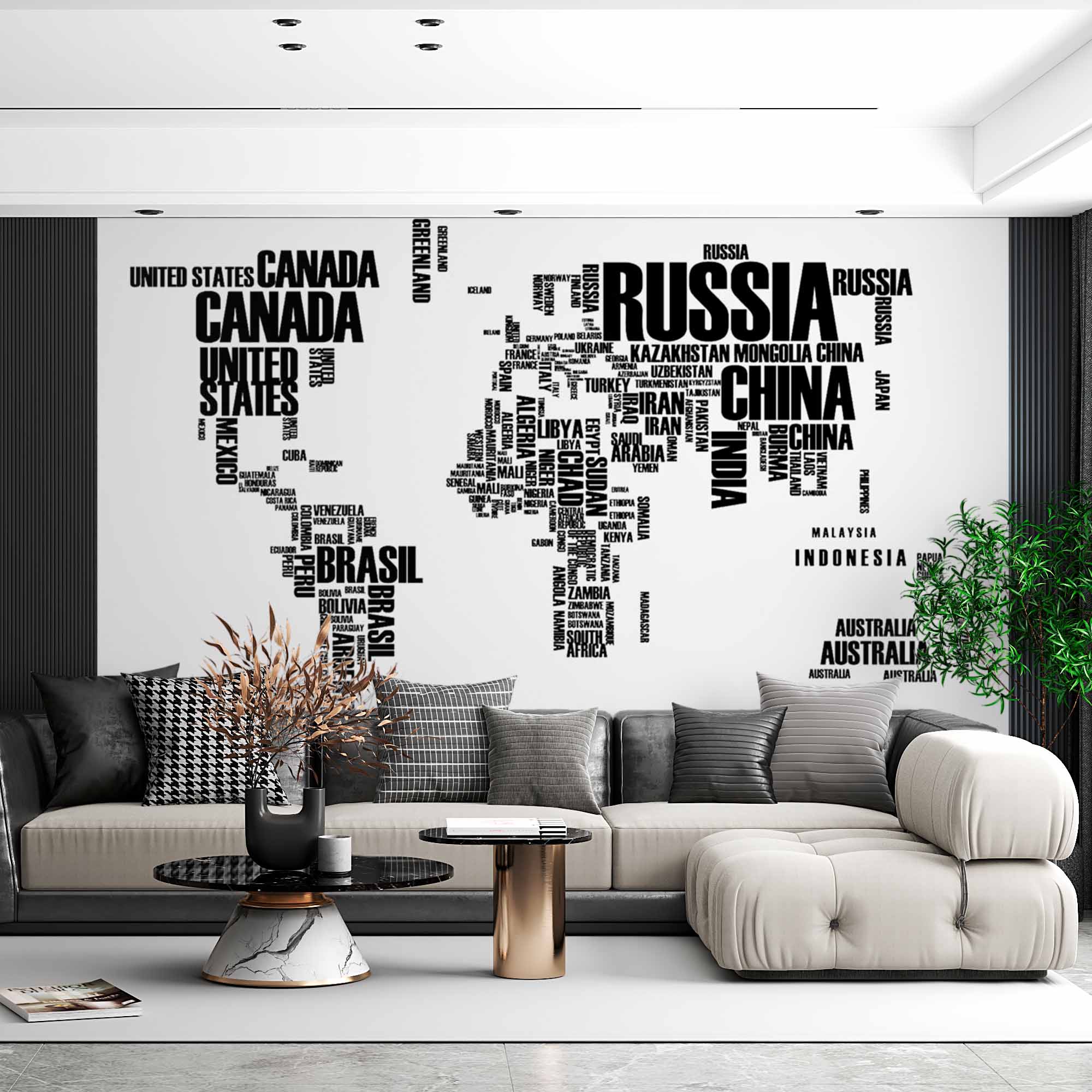 World Map with Country Names in Black Text on White Background