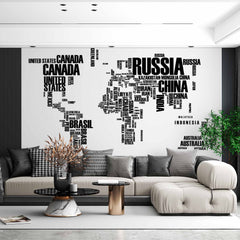 Custom World Map with Country Names in Black Text on White Background