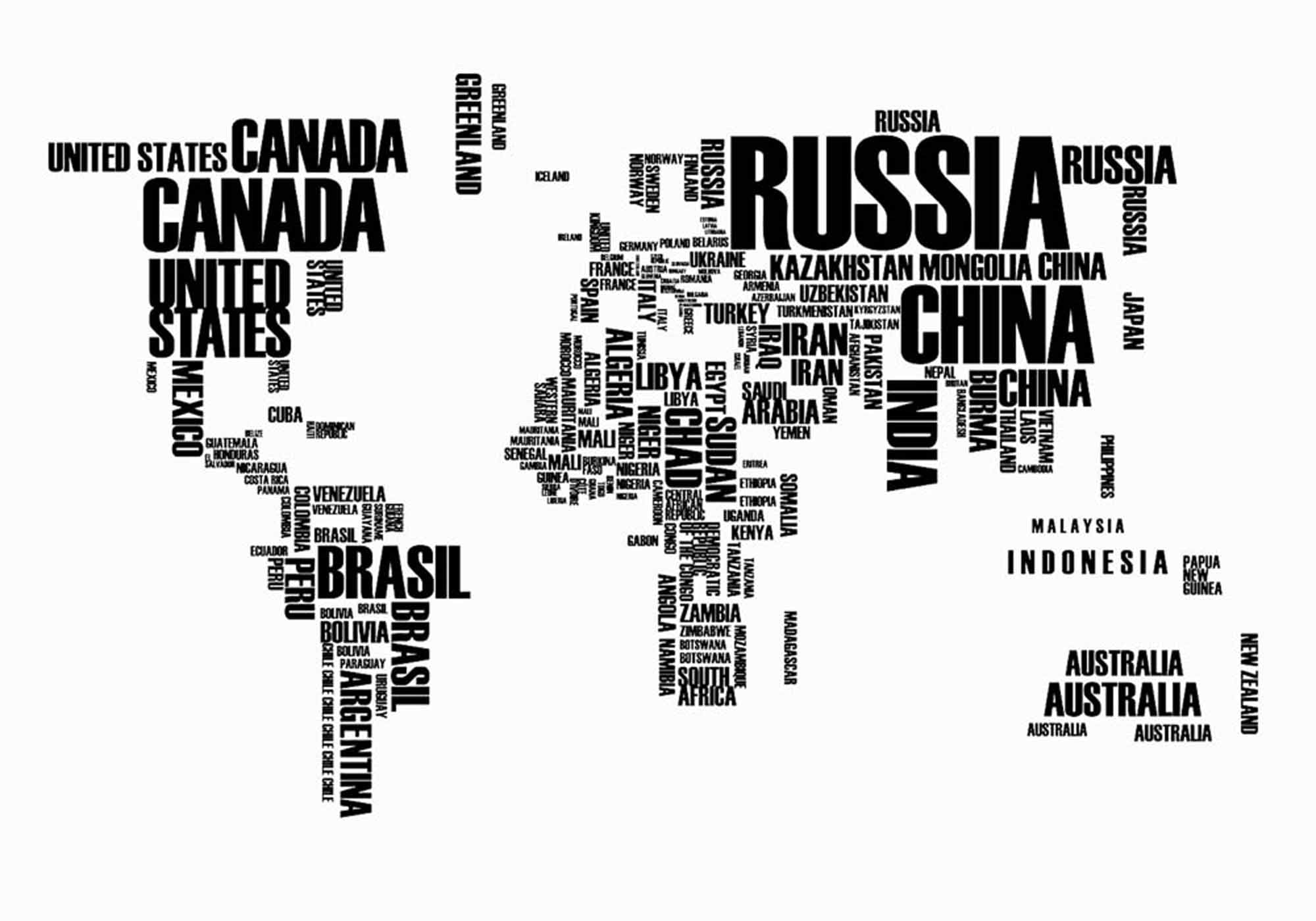 World Map with Country Names in Black Text on White Background