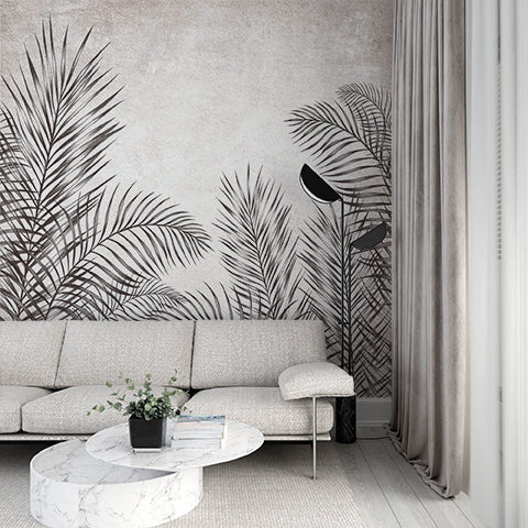 Tropical Leaves Fresco Botanical Wallpaper Dark Fern Concrete Wall Mural