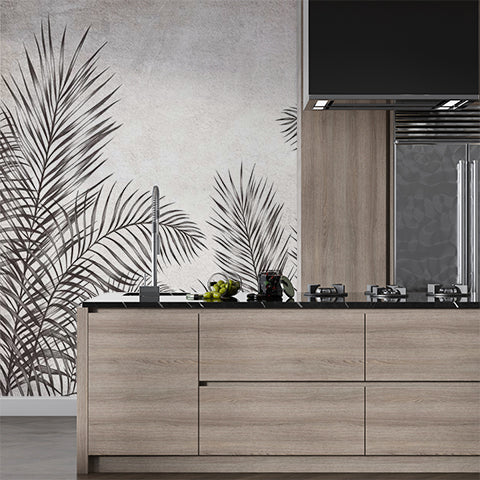 Tropical Leaves Fresco Botanical Wallpaper Dark Fern Concrete Wall Mural