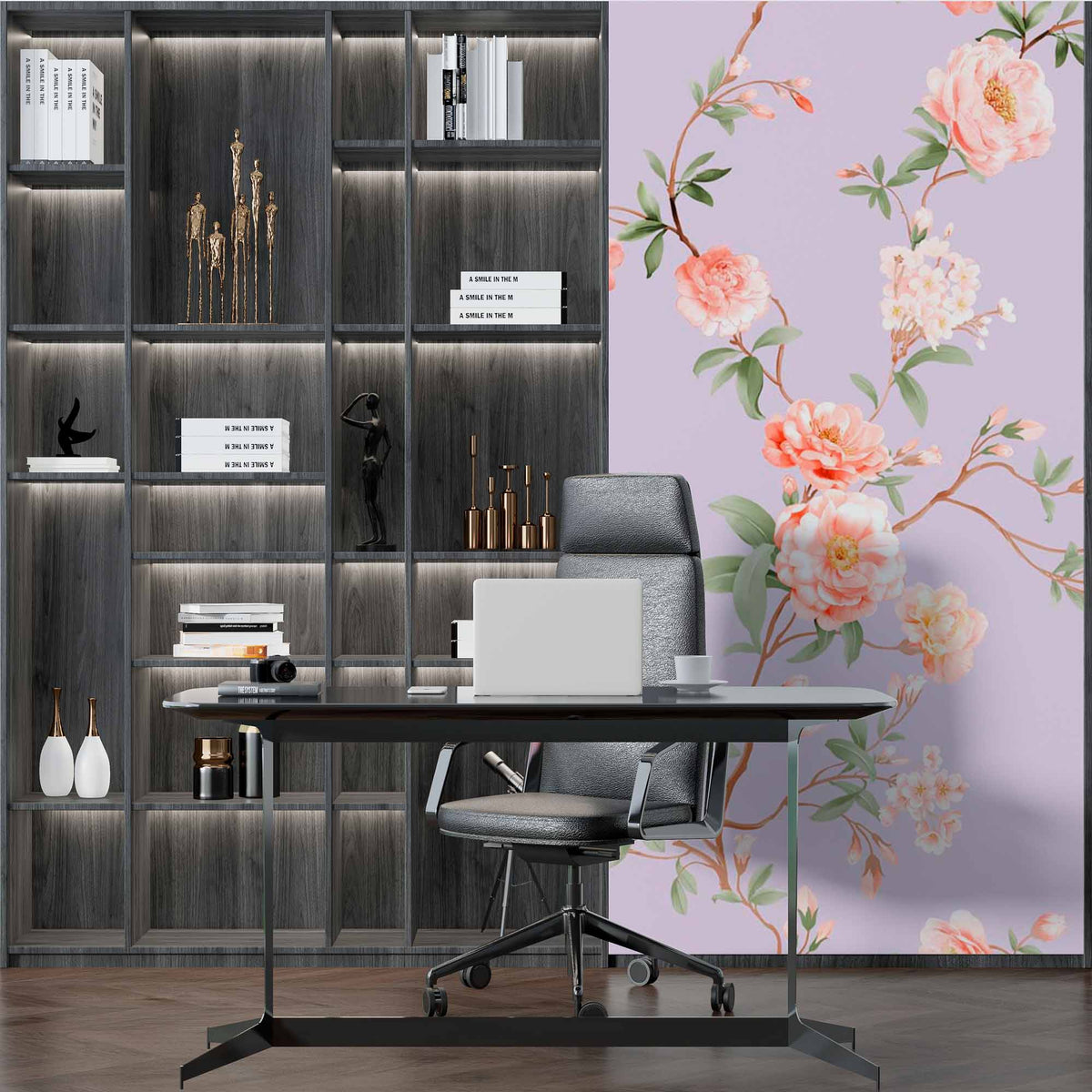 Custom Pastel Pink Blossoms on Lilac Background - Floral Wall Mural Wallpaper