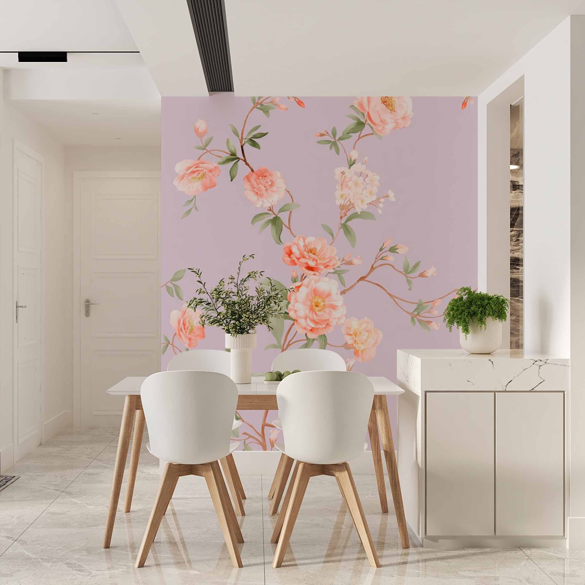 Pastel Pink Blossoms on Lilac Background - Floral Wall Mural Wallpaper