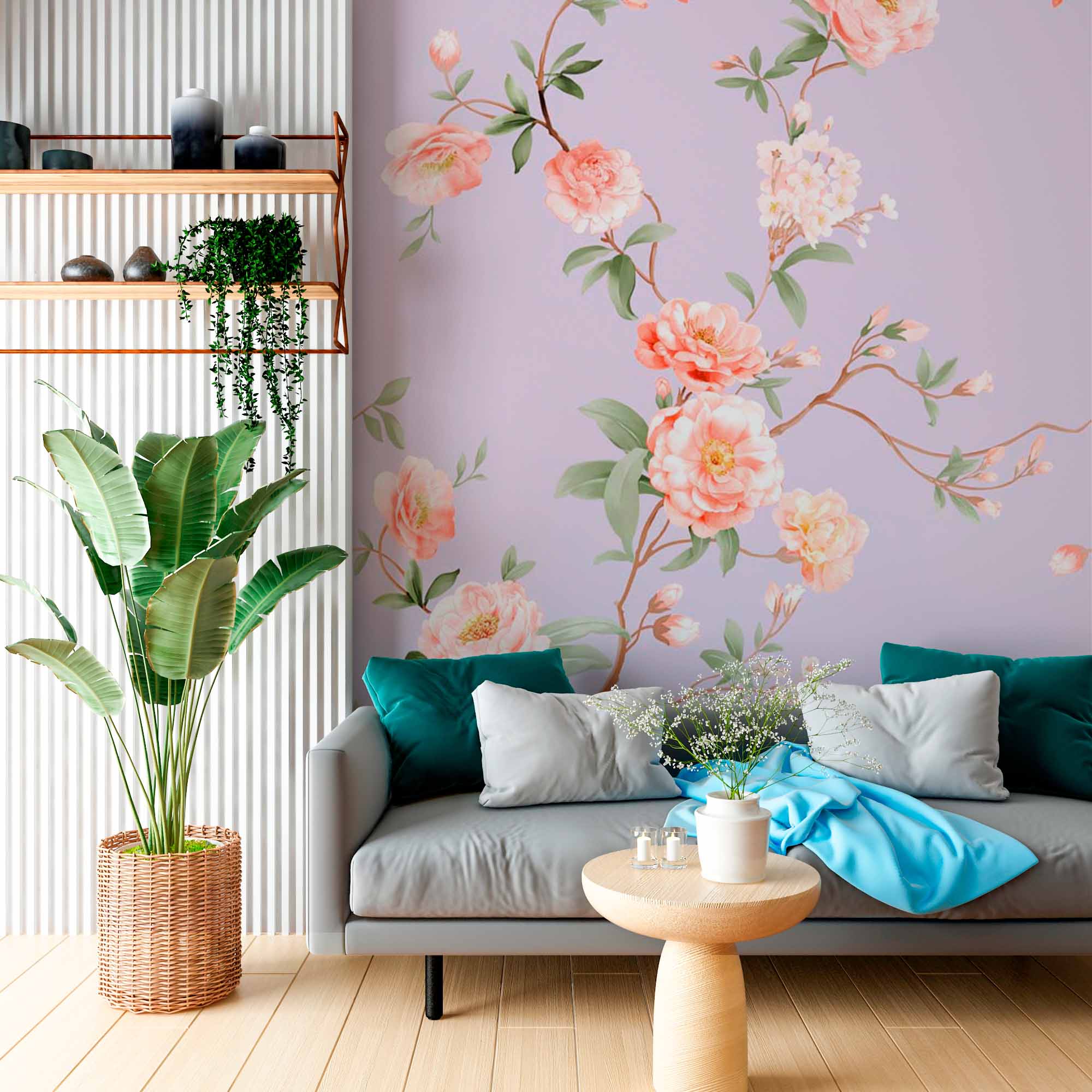 Pastel Pink Blossoms on Lilac Background - Floral Wall Mural Wallpaper