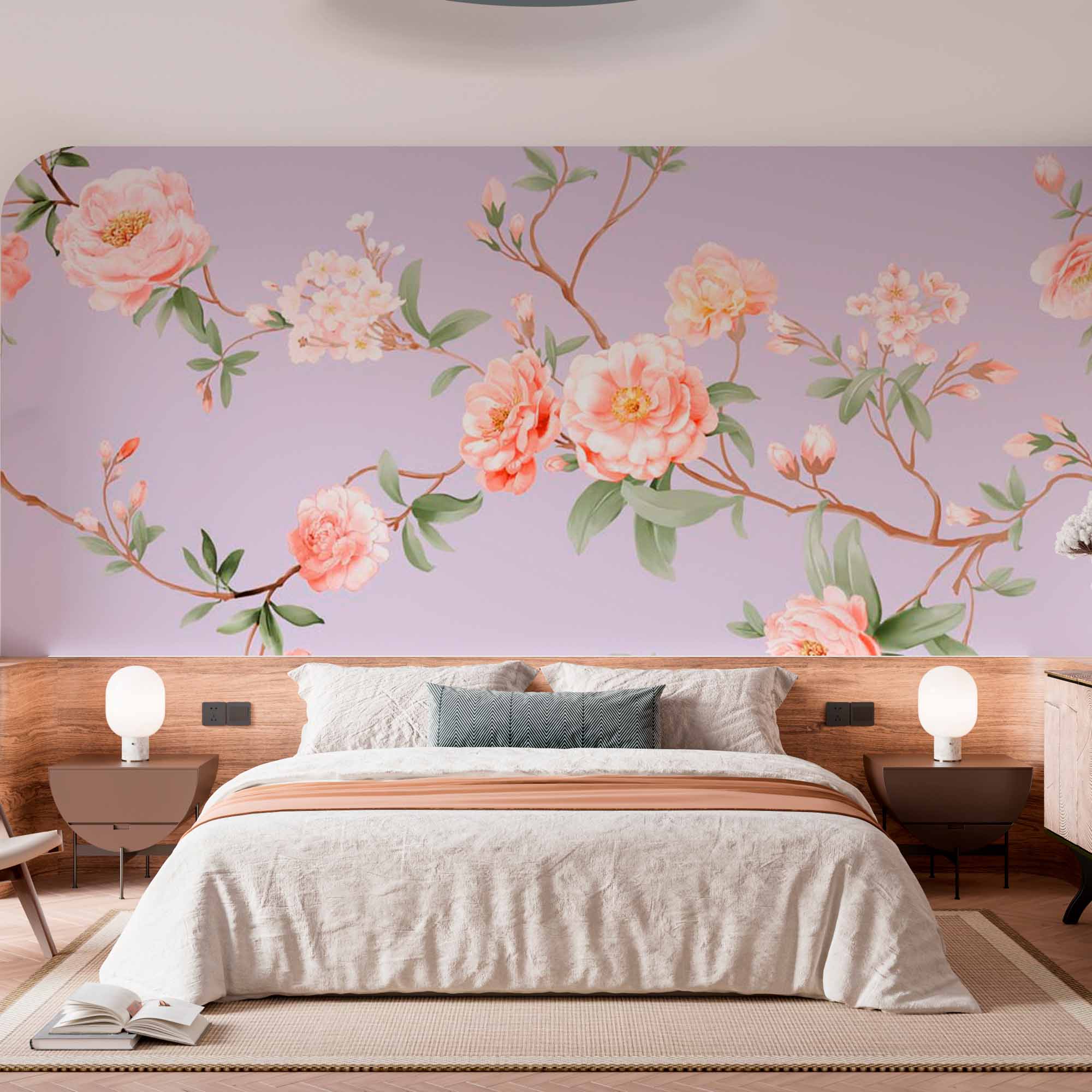 Pastel Pink Blossoms on Lilac Background - Floral Wall Mural Wallpaper