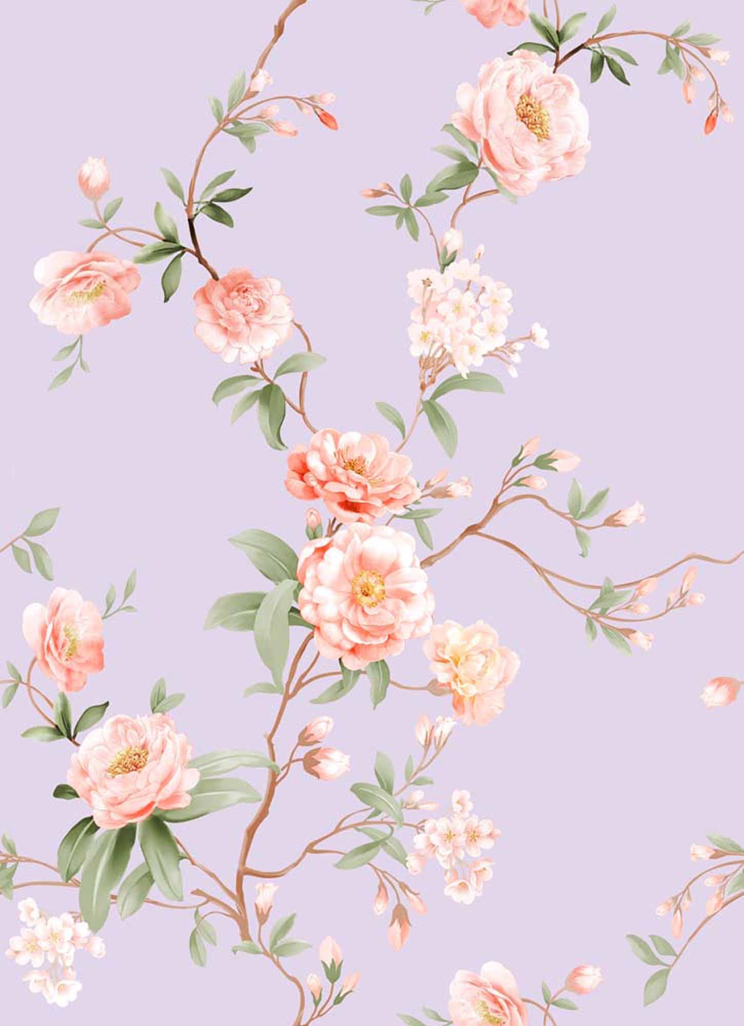 Pastel Pink Blossoms on Lilac Background - Floral Wall Mural Wallpaper