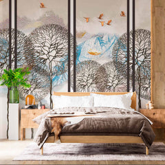 Custom Abstract Tree and Mountain Wall Mural with Flying Birds - Modern Scenic Wallpaper