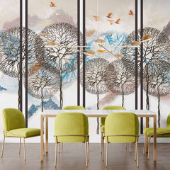 Custom Abstract Tree and Mountain Wall Mural with Flying Birds - Modern Scenic Wallpaper