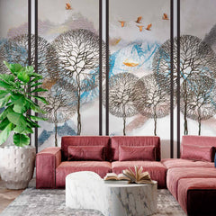 Custom Abstract Tree and Mountain Wall Mural with Flying Birds - Modern Scenic Wallpaper