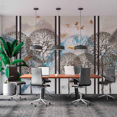 Custom Abstract Tree and Mountain Wall Mural with Flying Birds - Modern Scenic Wallpaper