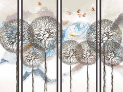 Custom Abstract Tree and Mountain Wall Mural with Flying Birds - Modern Scenic Wallpaper