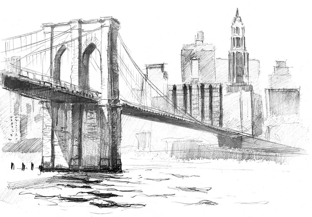 Hand-Drawn Sketch of Brooklyn Bridge and New York City Skyline Wall Murals