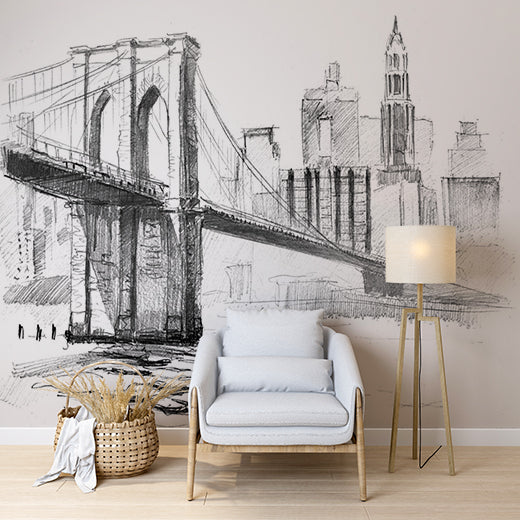 Hand-Drawn Sketch of Brooklyn Bridge and New York City Skyline Wall Murals