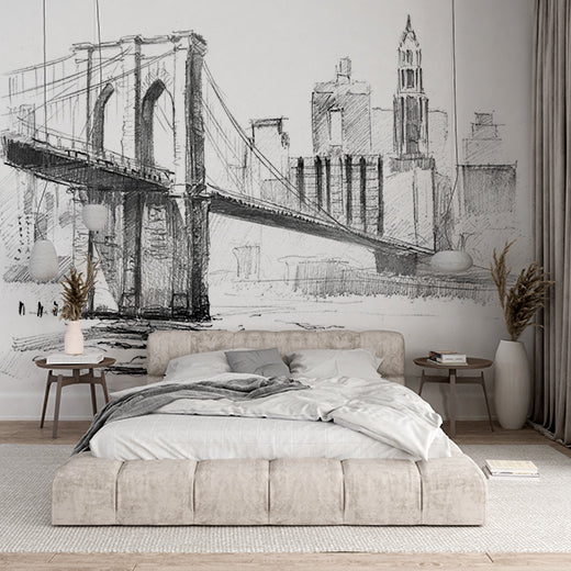 Hand-Drawn Sketch of Brooklyn Bridge and New York City Skyline Wall Murals