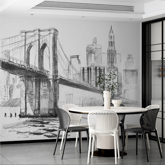 Custom Hand-Drawn Sketch of Brooklyn Bridge and New York City Skyline Wall Murals