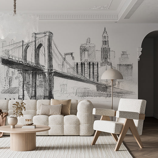 Hand-Drawn Sketch of Brooklyn Bridge and New York City Skyline Wall Murals