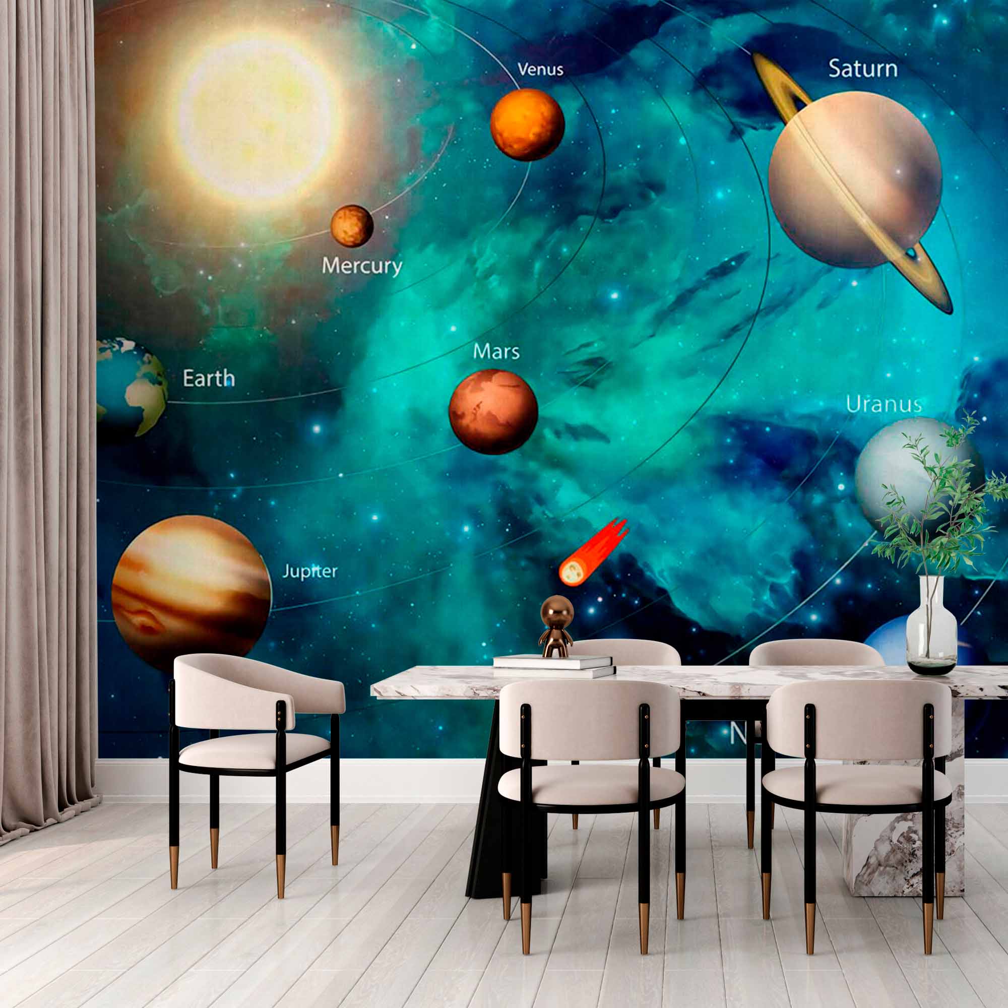 Colorful Solar System Wall Mural Wallpaper - Planets and Orbits in Outer Space