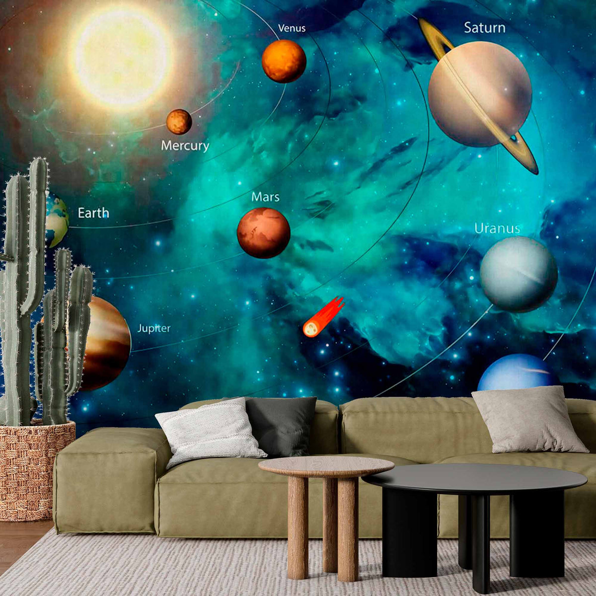 Custom Colorful Solar System Wall Mural Wallpaper - Planets and Orbits in Outer Space