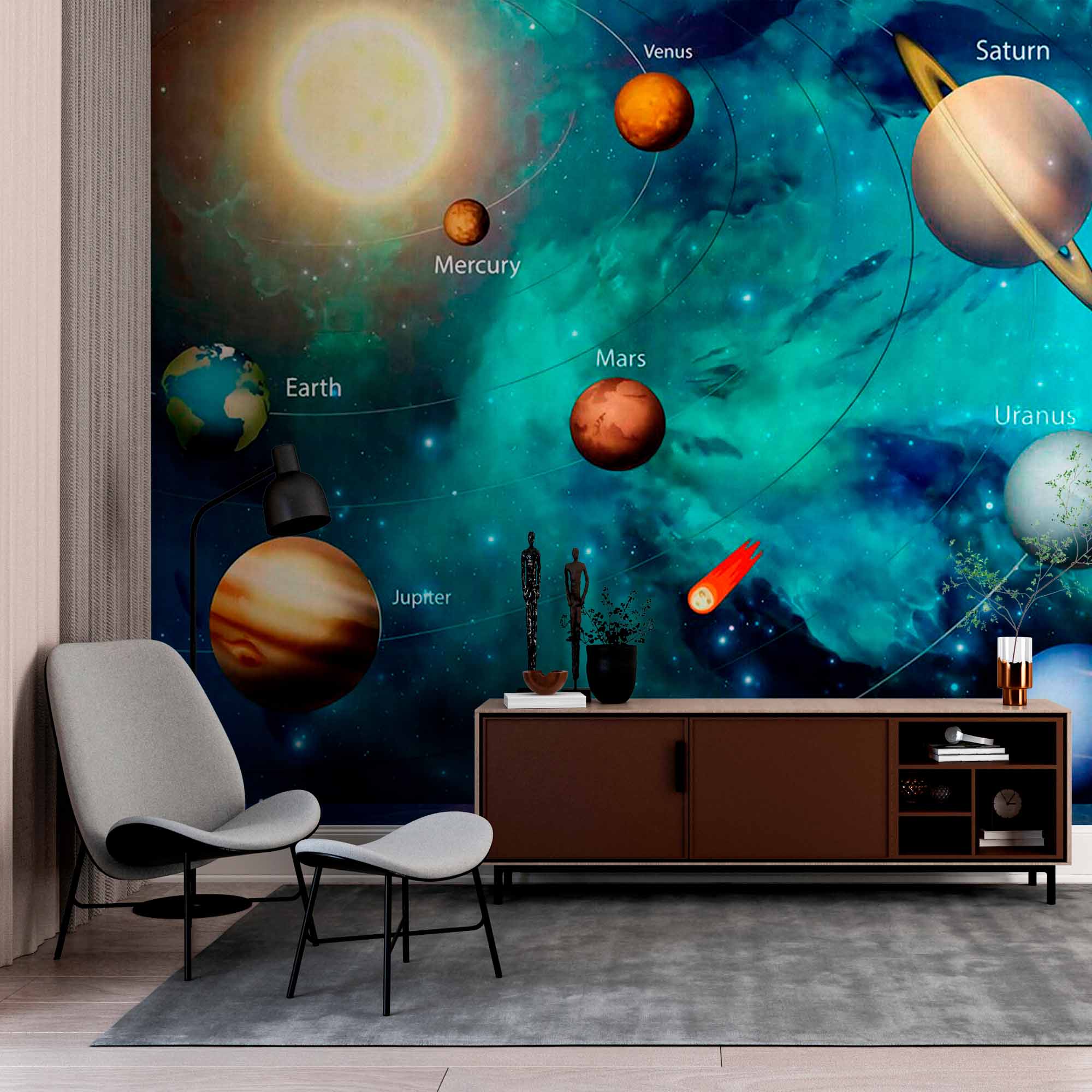 Colorful Solar System Wall Mural Wallpaper - Planets and Orbits in Outer Space