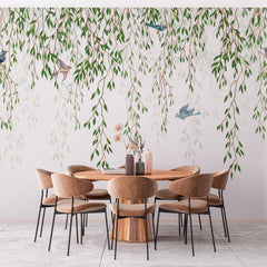 Custom Whimsical Willow and Birds Wallpaper