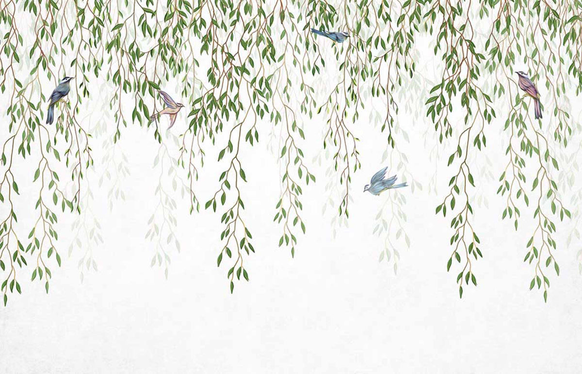 Custom Whimsical Willow and Birds Wallpaper