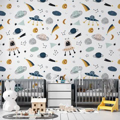 Custom Kids Wall Murals Cartoon Space Rocket Wallpaper for Kids