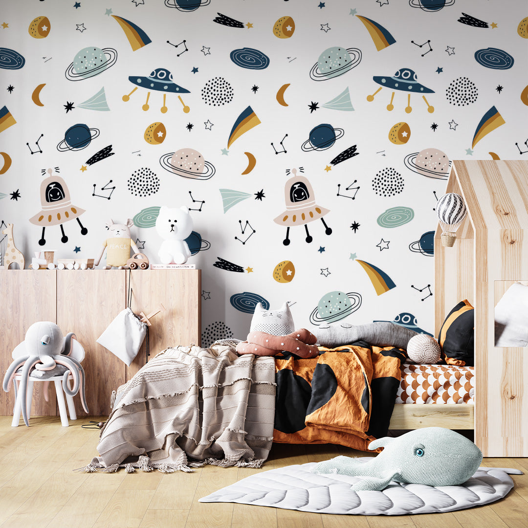 Kids Wall Murals Cartoon Space Rocket Wallpaper for Kids