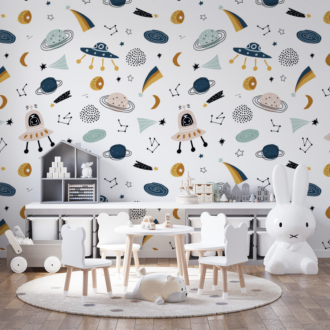 Custom Kids Wall Murals Cartoon Space Rocket Wallpaper for Kids