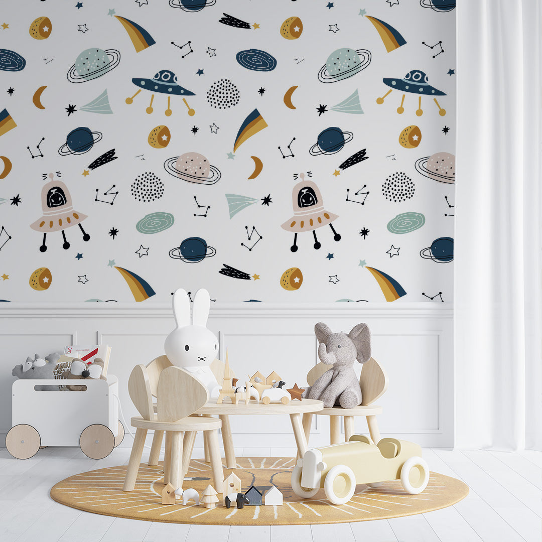 Kids Wall Murals Cartoon Space Rocket Wallpaper for Kids