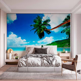 Serene Tropical Beach with Palm Tree and Boat Wall Mural Wallpaper