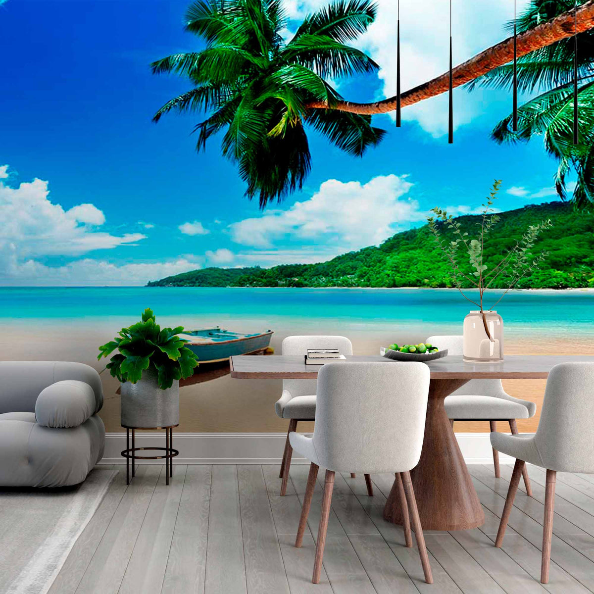 Custom Serene Tropical Beach with Palm Tree and Boat Wall Mural Wallpaper