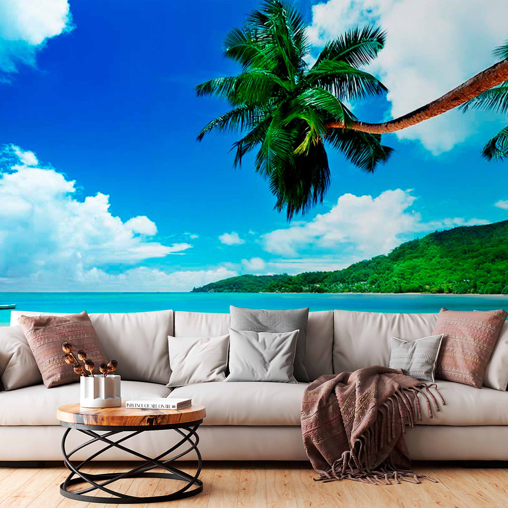 Serene Tropical Beach with Palm Tree and Boat Wall Mural Wallpaper