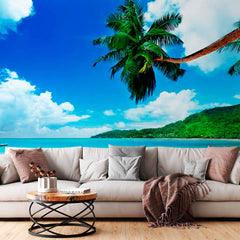 Custom Serene Tropical Beach with Palm Tree and Boat Wall Mural Wallpaper