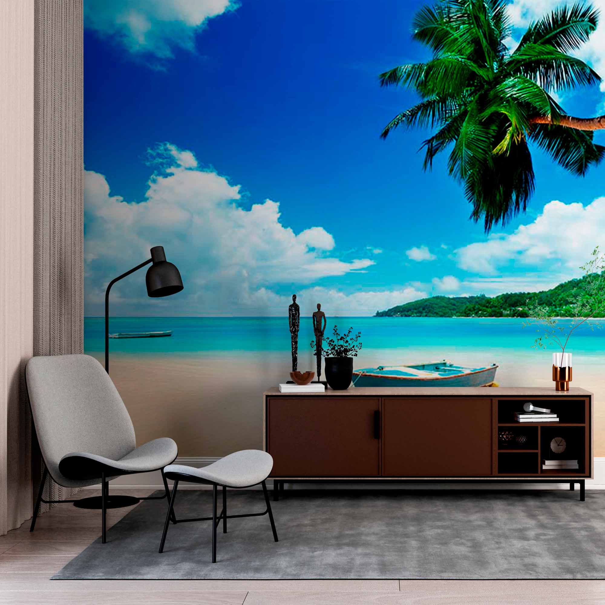 Serene Tropical Beach with Palm Tree and Boat Wall Mural Wallpaper