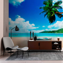 Custom Serene Tropical Beach with Palm Tree and Boat Wall Mural Wallpaper