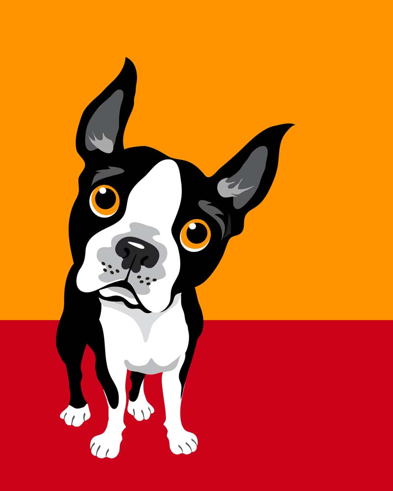 Papier peint boston terrier – Papier peint panoramique chien de dessin animé sur orange et rouge
