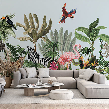 Custom Tropical Animals Wall Mural Bright Jungle Forest Wallpaper