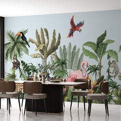 Custom Tropical Animals Wall Mural Bright Jungle Forest Wallpaper