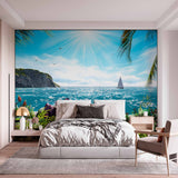 Sunlit Coastal Paradise with Sailboat Wall Mural Wallpaper