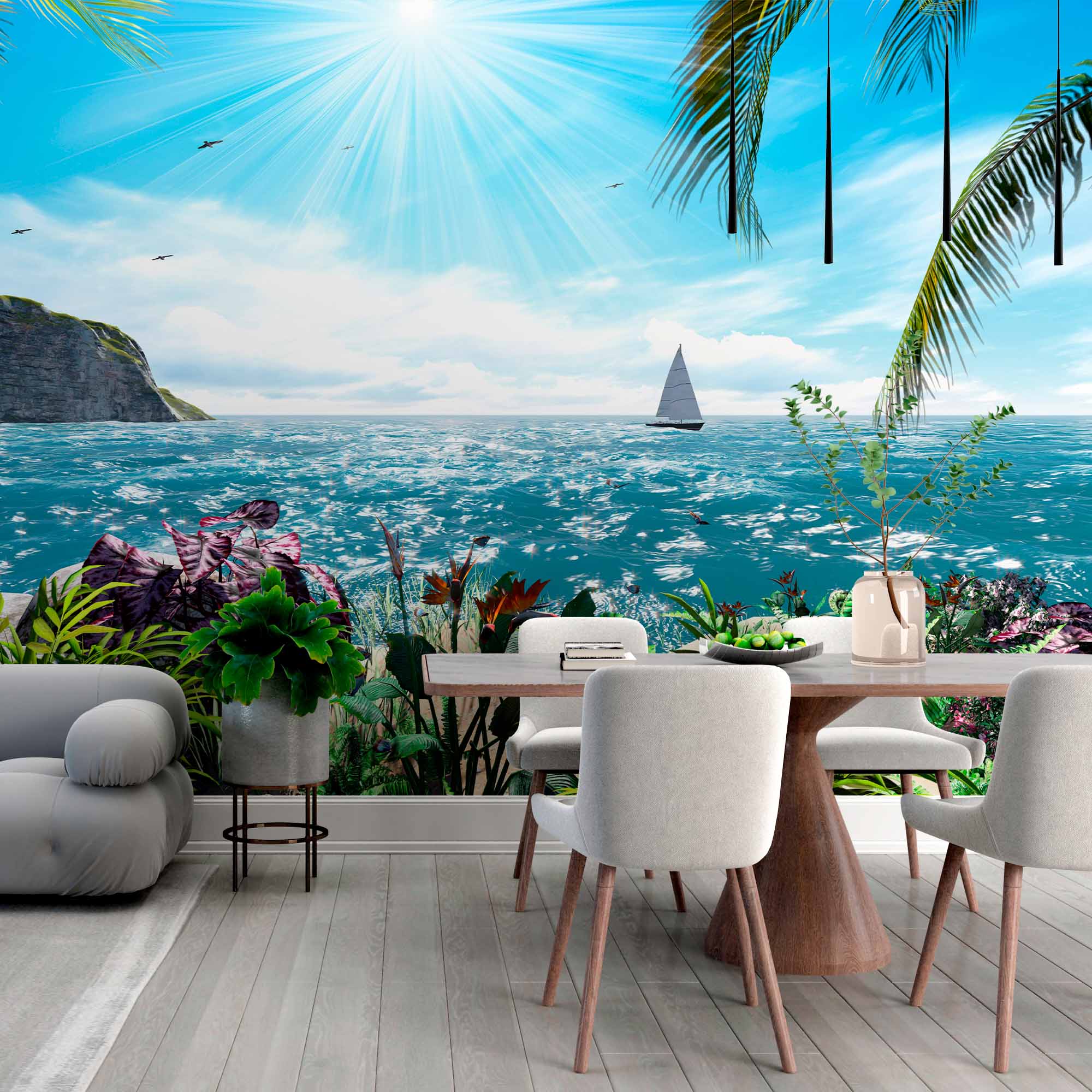 Sunlit Coastal Paradise with Sailboat Wall Mural Wallpaper