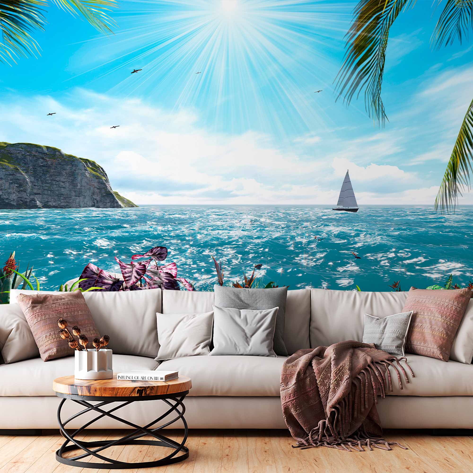 Sunlit Coastal Paradise with Sailboat Wall Mural Wallpaper