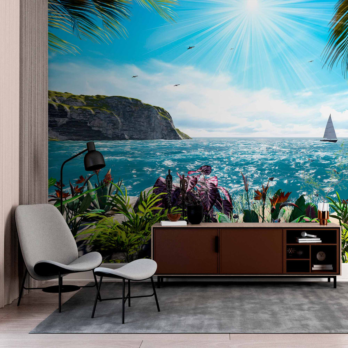 Sunlit Coastal Paradise with Sailboat Wall Mural Wallpaper