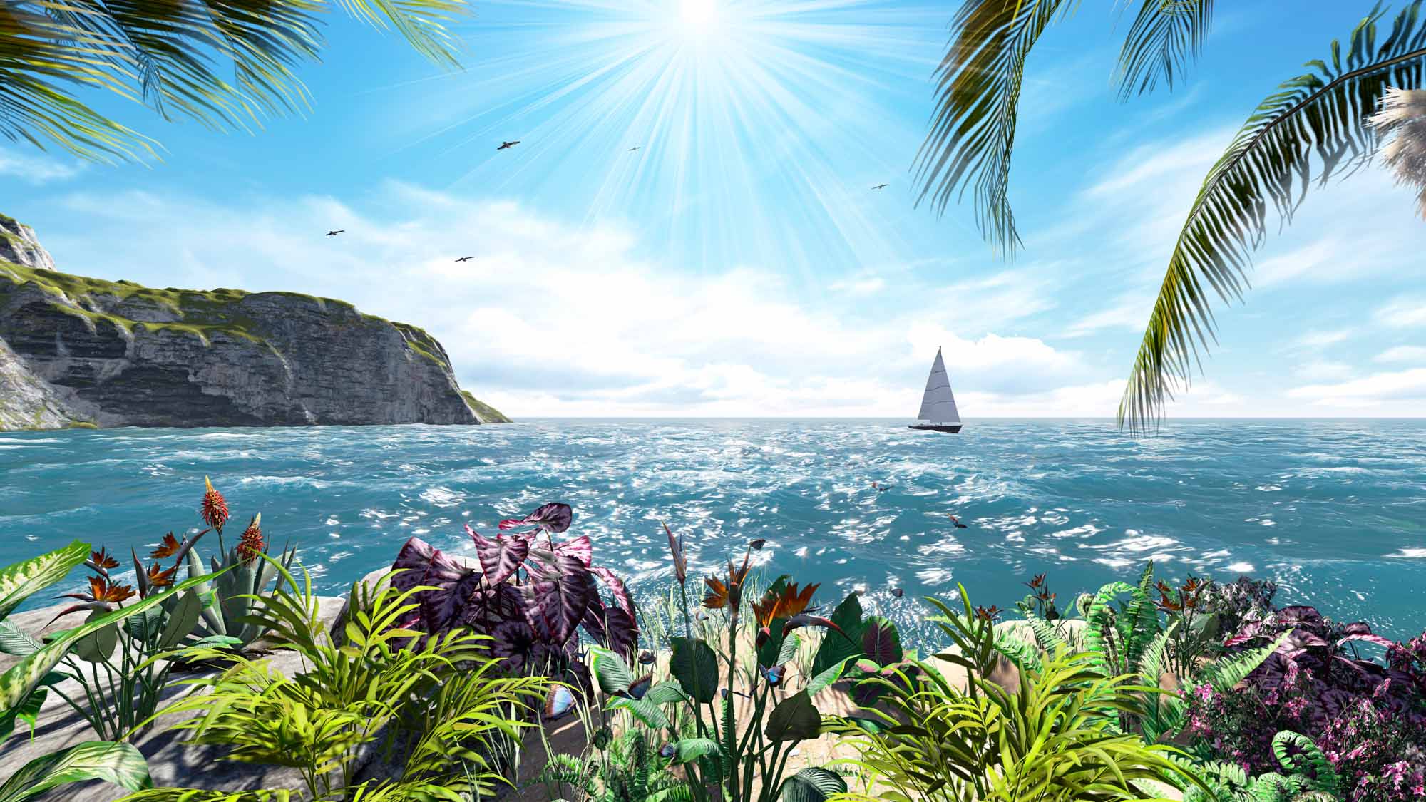 Sunlit Coastal Paradise with Sailboat Wall Mural Wallpaper