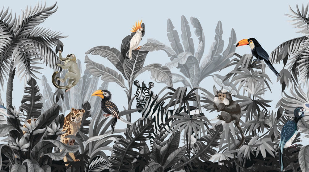 Papier peint jungle aux toucans – Papier peint panoramique tropical gris avec toucans et palmiers
