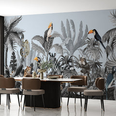 Custom Light Background Wallpaper Mural with Watercolored Tropical Foliage